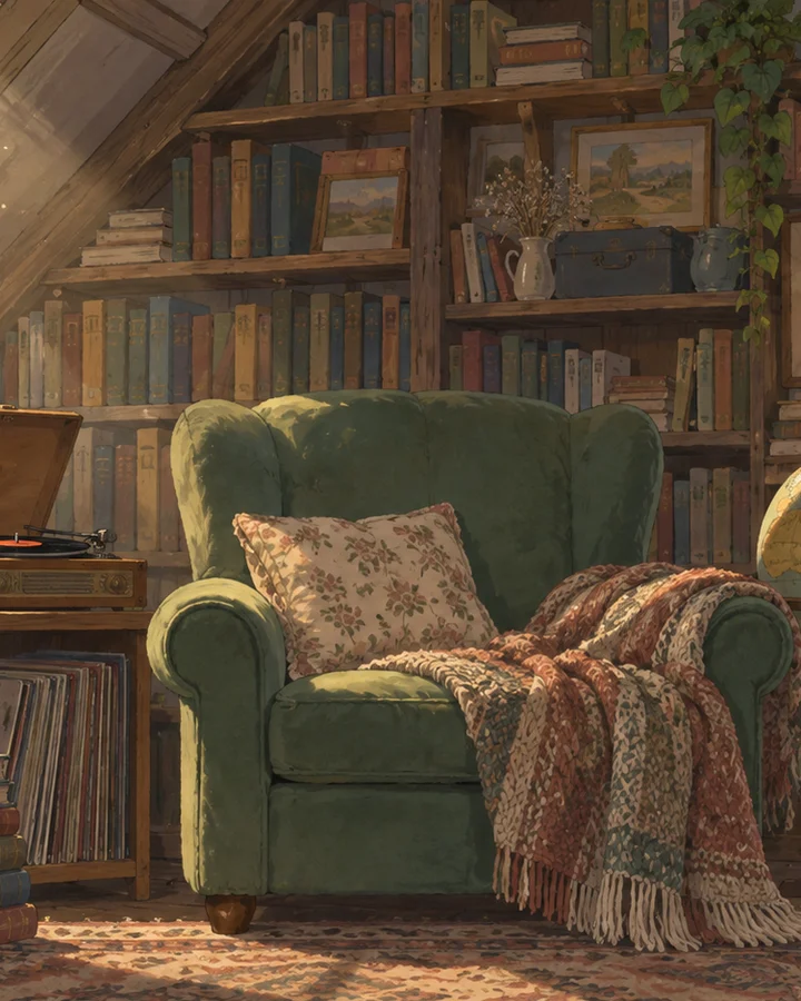 A green armchair in a warm attic full of books, a record player beside it.