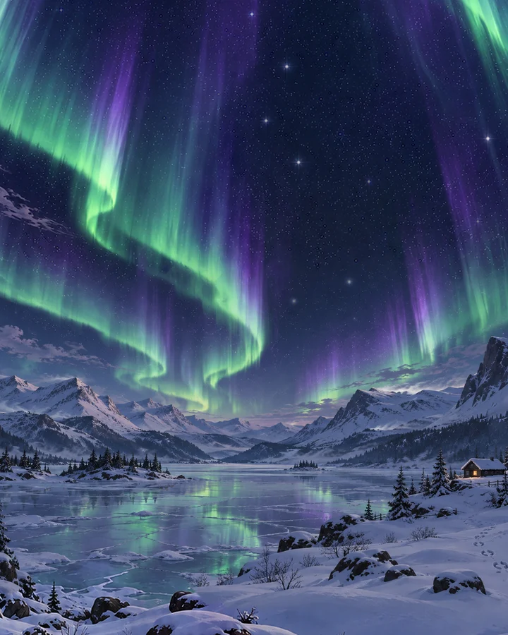 A small cabin by a frozen lake under a green and violet aurora.